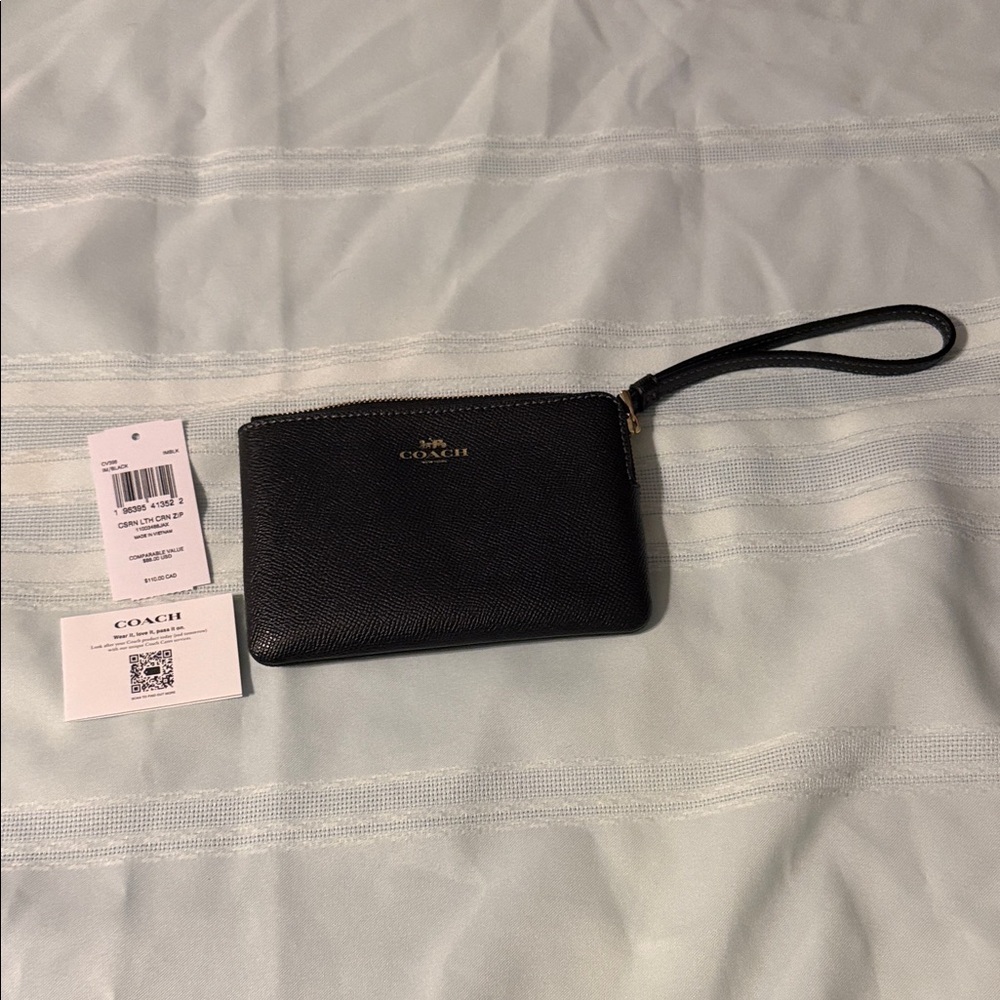 Coach Black Leather Wristlet with Gold Details